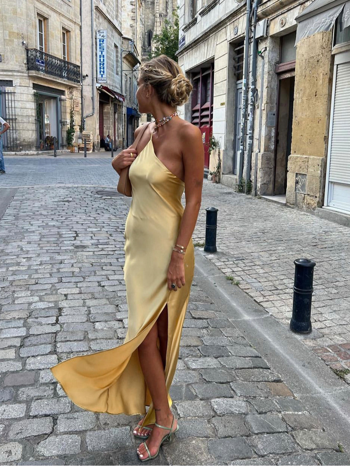 Ceralya Satin Dress | One-Shoulder Satin Slip Dress with Side Slit