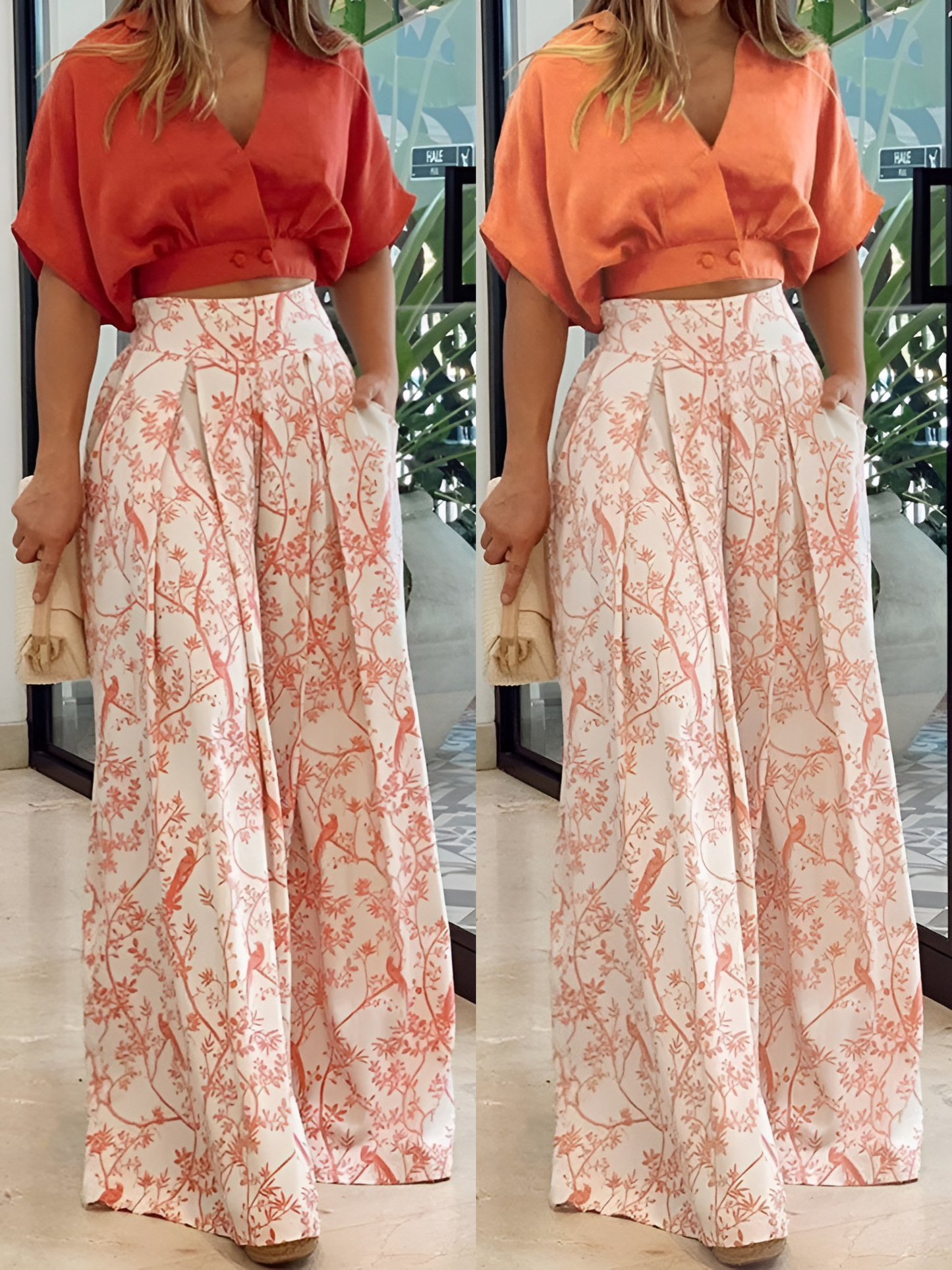 Dacina Two-Piece Set | Wide-Leg Floral Pants with V-Neck Crop Top