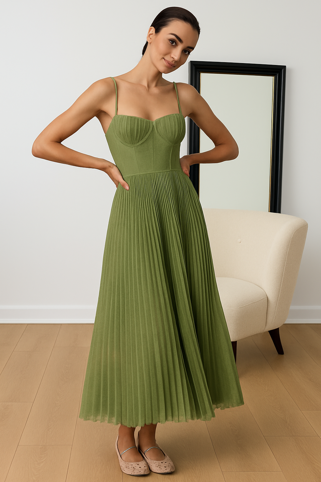 Brevina Midi Dress | Elegant Pleated A-Line Midi Dress for Women