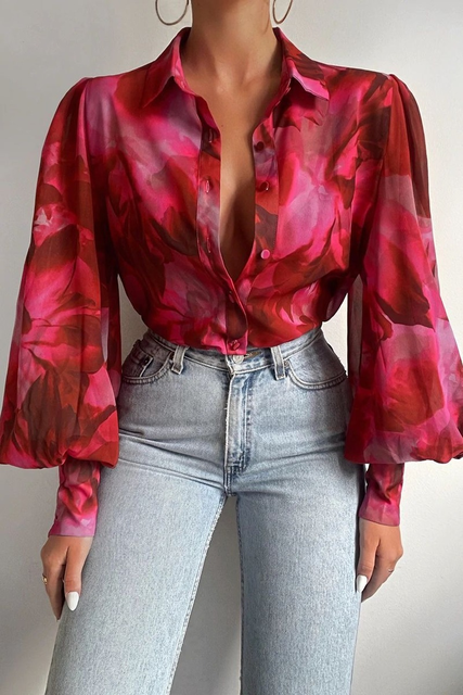 Dairenna Blouse | Leaf Print Sheer Button-Up Long Sleeve Blouse
