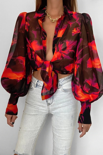 Dairenna Blouse | Leaf Print Sheer Button-Up Long Sleeve Blouse