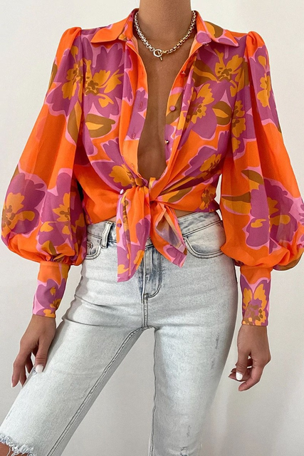 Dairenna Blouse | Leaf Print Sheer Button-Up Long Sleeve Blouse