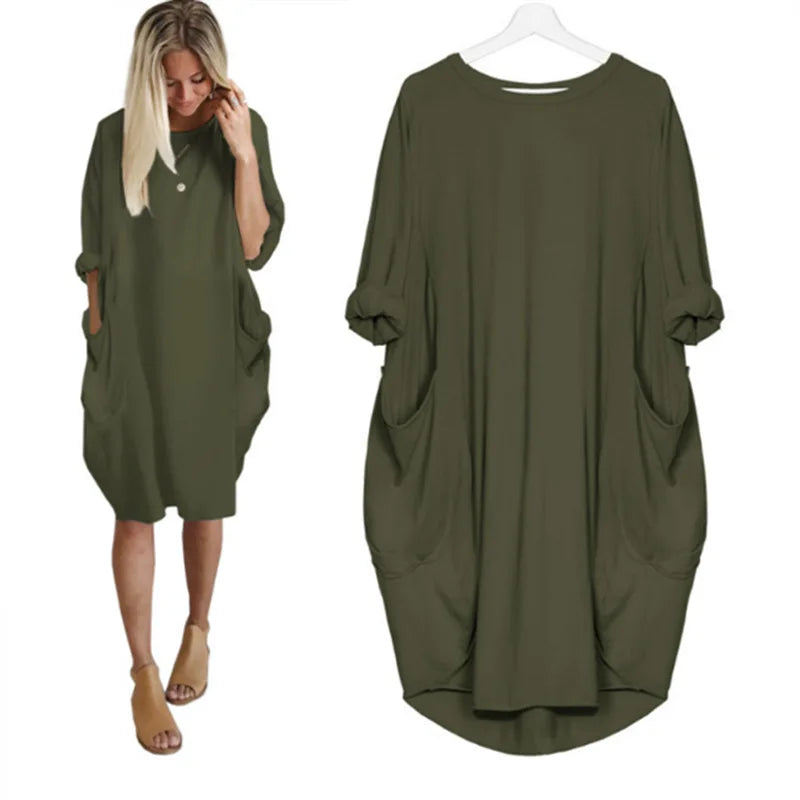 Flavienne Dress | Women’s Oversized Pocket Tunic Dress with Rolled Sleeves and Relaxed Fit