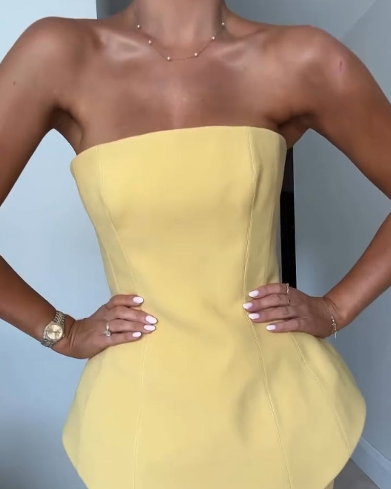 Cevaya Evening Dress | Strapless Yellow Peplum Top with Pleated Maxi Skirt