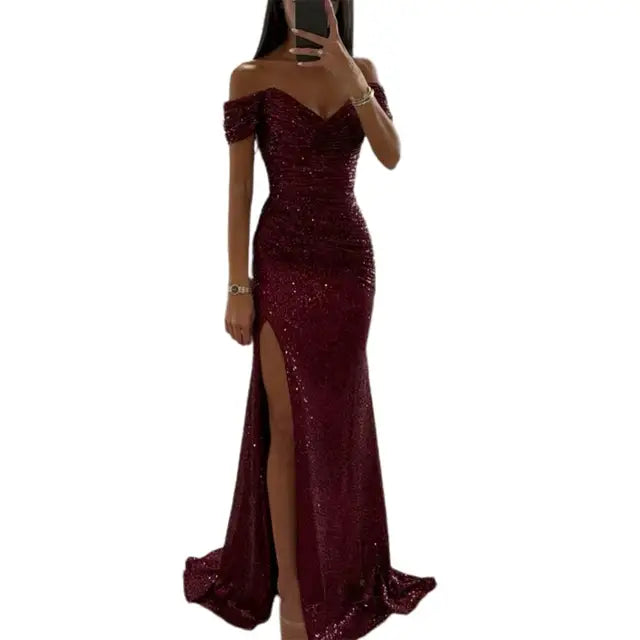Helena Dress | Off-Shoulder V-Neck Evening Gown