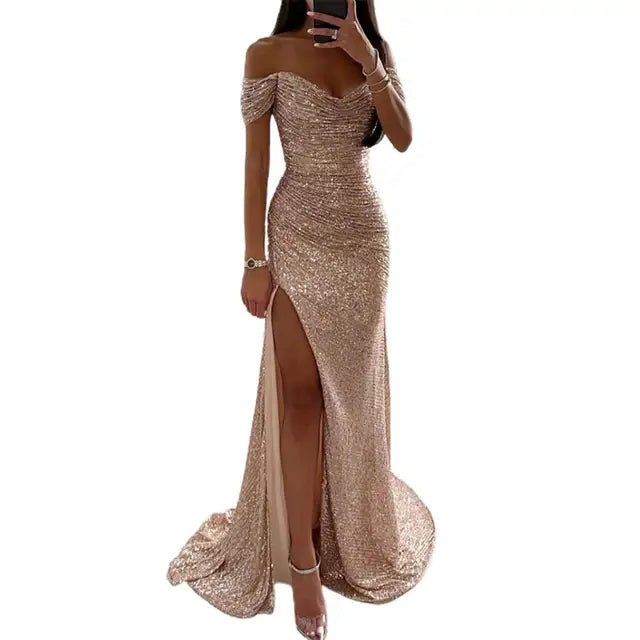 Helena Dress | Off-Shoulder V-Neck Evening Gown