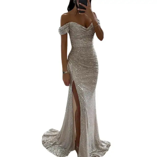 Helena Dress | Off-Shoulder V-Neck Evening Gown