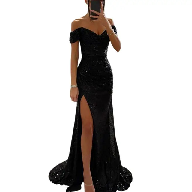 Helena Dress | Off-Shoulder V-Neck Evening Gown