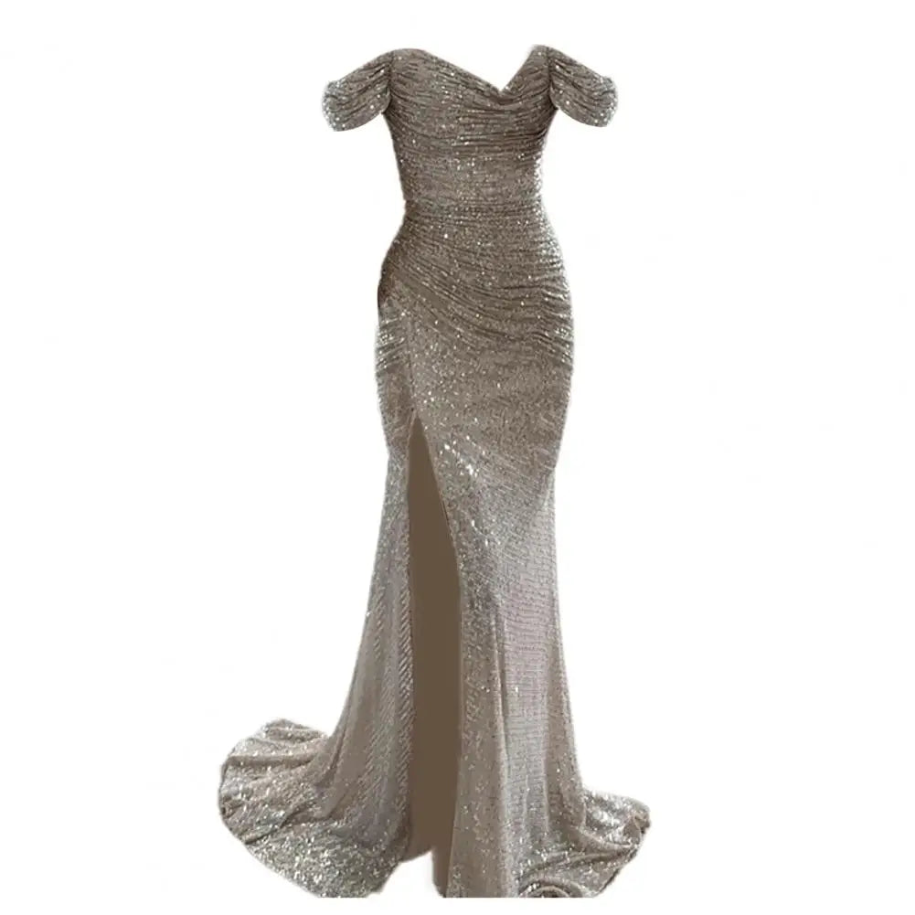 Helena Dress | Off-Shoulder V-Neck Evening Gown