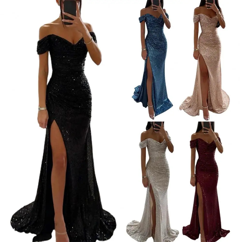 Helena Dress | Off-Shoulder V-Neck Evening Gown