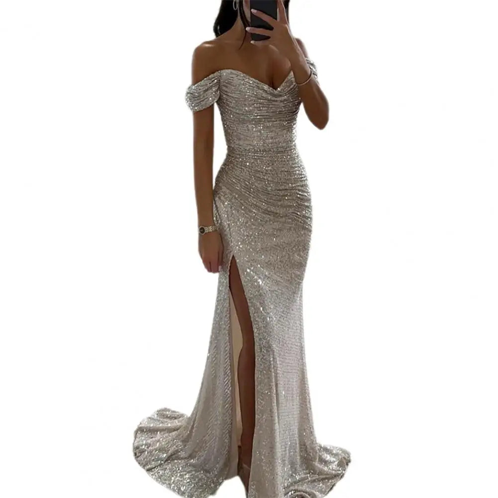 Helena Dress | Off-Shoulder V-Neck Evening Gown