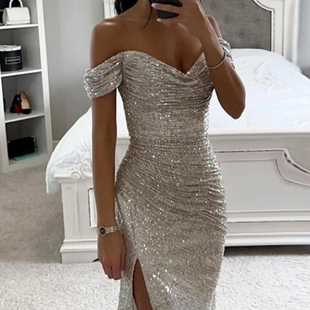 Helena Dress | Off-Shoulder V-Neck Evening Gown