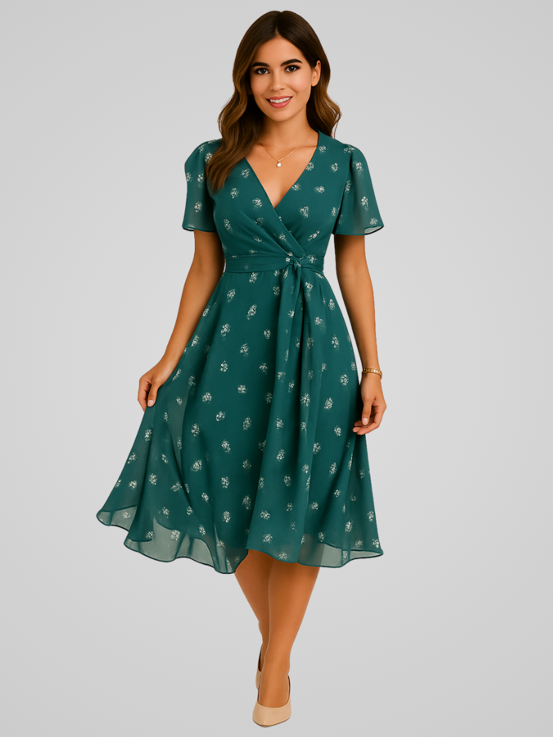 Clessia Midi Dress | Floral V-Neck Wrap Dress with Short Sleeves