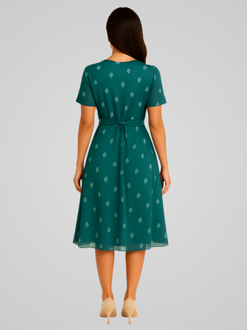 Clessia Midi Dress | Floral V-Neck Wrap Dress with Short Sleeves