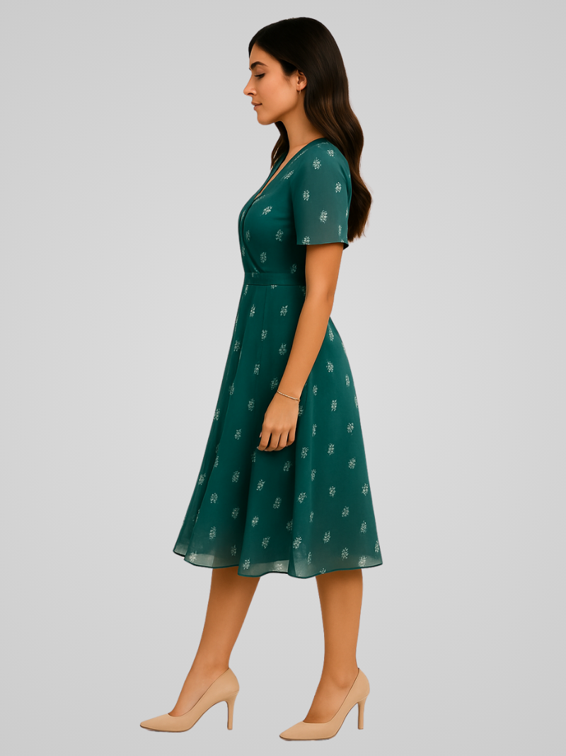 Clessia Midi Dress | Floral V-Neck Wrap Dress with Short Sleeves