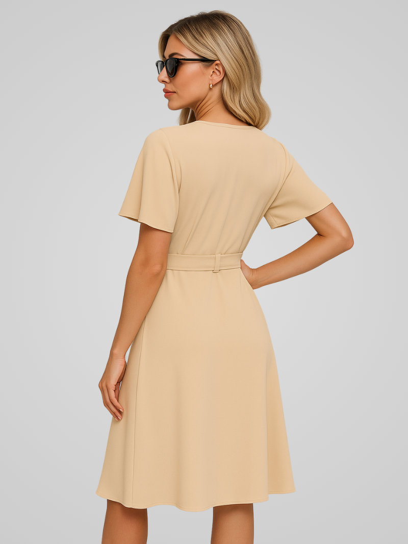 Caleirae Midi Dress | Blush Pink Wrap Dress with Tie Waist and Short Flutter Sleeves