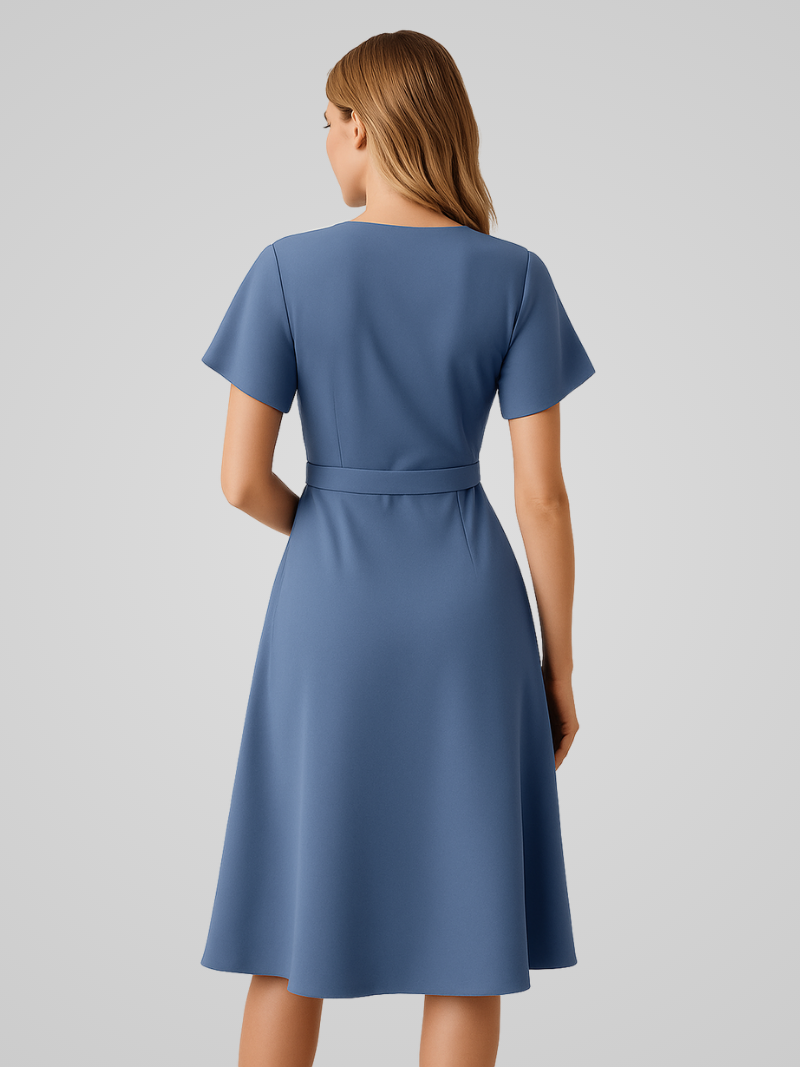 Caleirae Midi Dress | Blush Pink Wrap Dress with Tie Waist and Short Flutter Sleeves