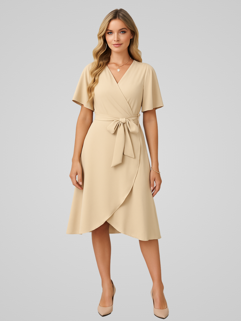 Caleirae Midi Dress | Blush Pink Wrap Dress with Tie Waist and Short Flutter Sleeves