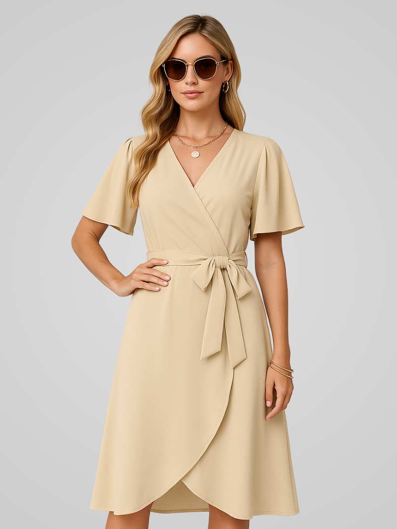 Caleirae Midi Dress | Blush Pink Wrap Dress with Tie Waist and Short Flutter Sleeves