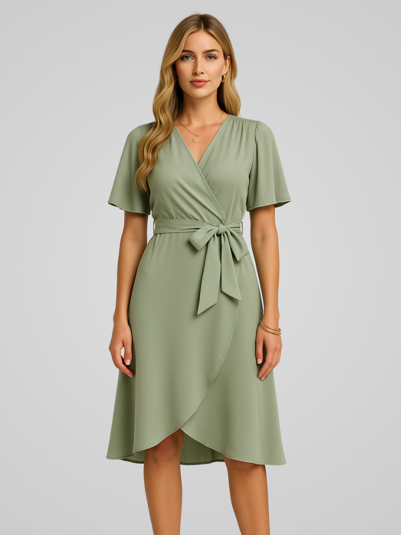 Caleirae Midi Dress | Blush Pink Wrap Dress with Tie Waist and Short Flutter Sleeves