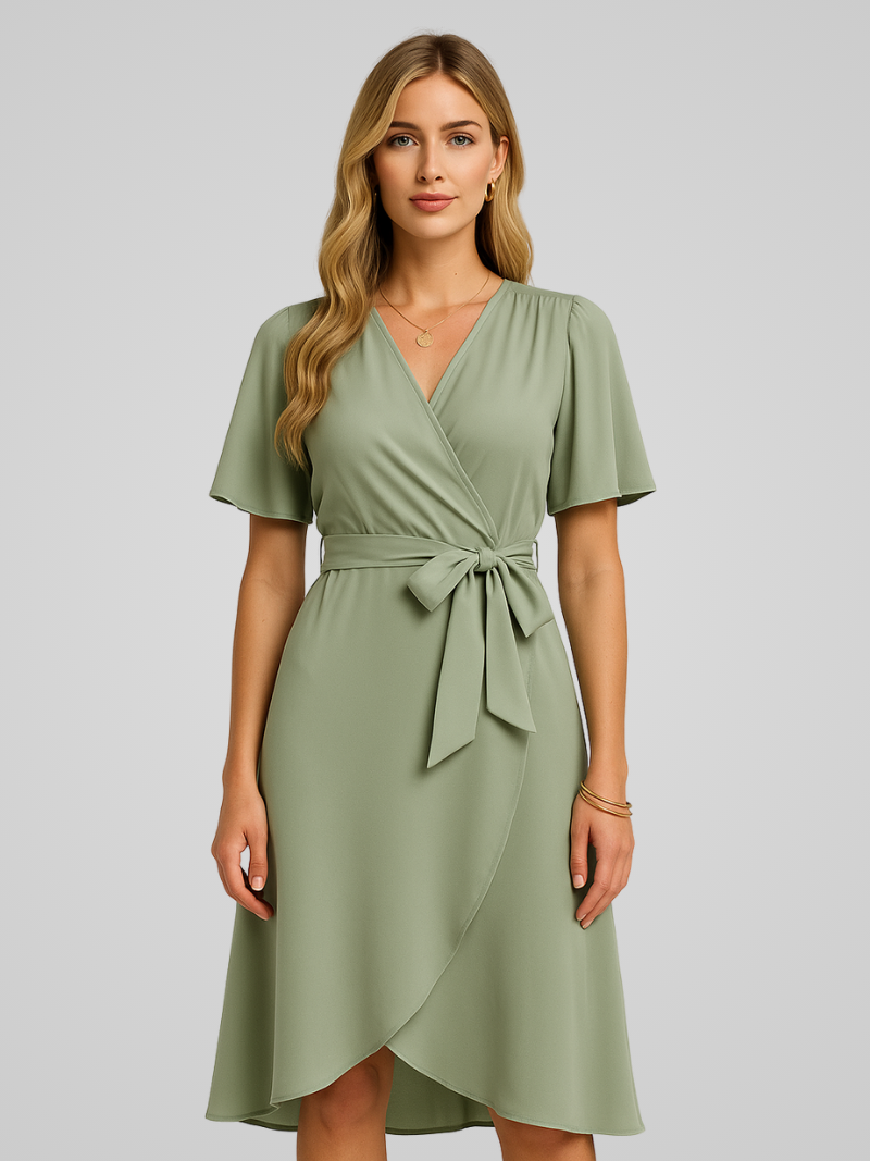 Caleirae Midi Dress | Blush Pink Wrap Dress with Tie Waist and Short Flutter Sleeves