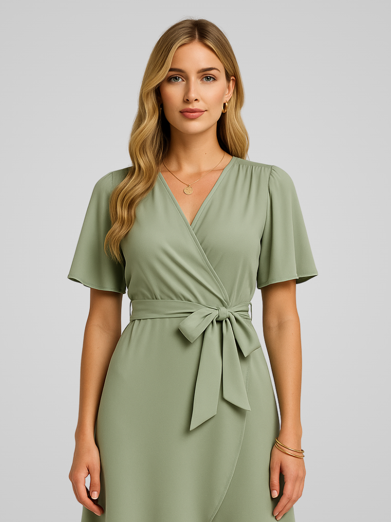 Caleirae Midi Dress | Blush Pink Wrap Dress with Tie Waist and Short Flutter Sleeves