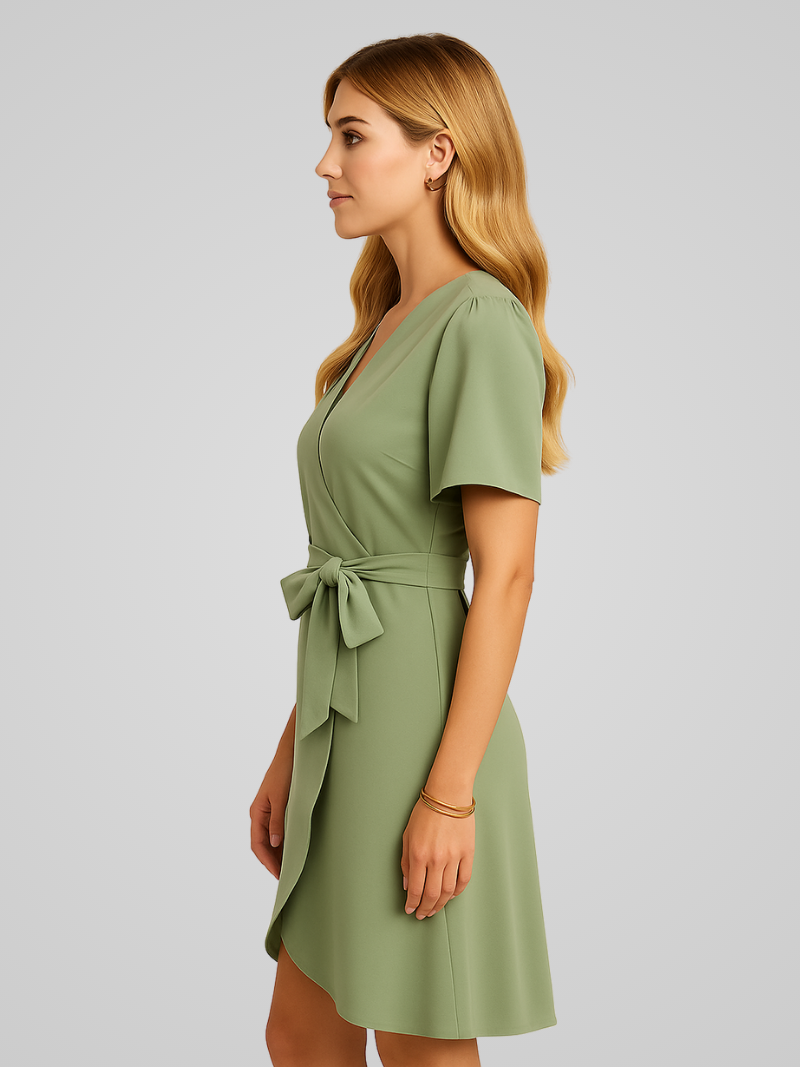 Caleirae Midi Dress | Blush Pink Wrap Dress with Tie Waist and Short Flutter Sleeves