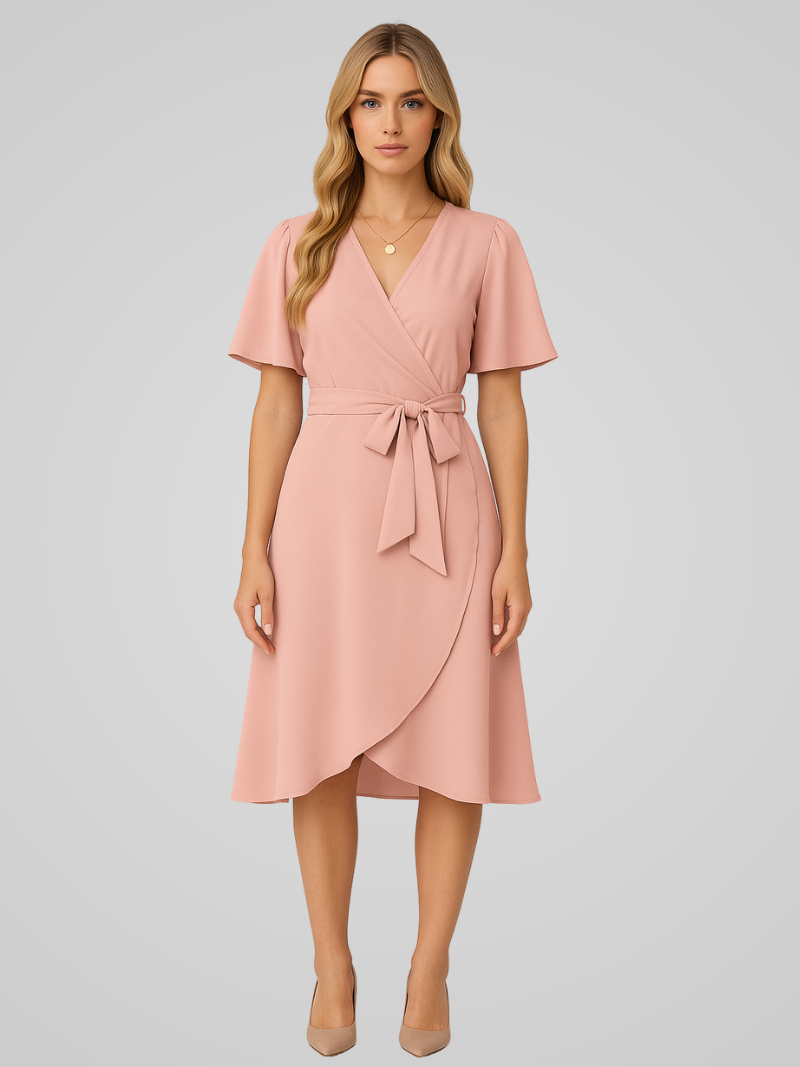 Caleirae Midi Dress | Blush Pink Wrap Dress with Tie Waist and Short Flutter Sleeves