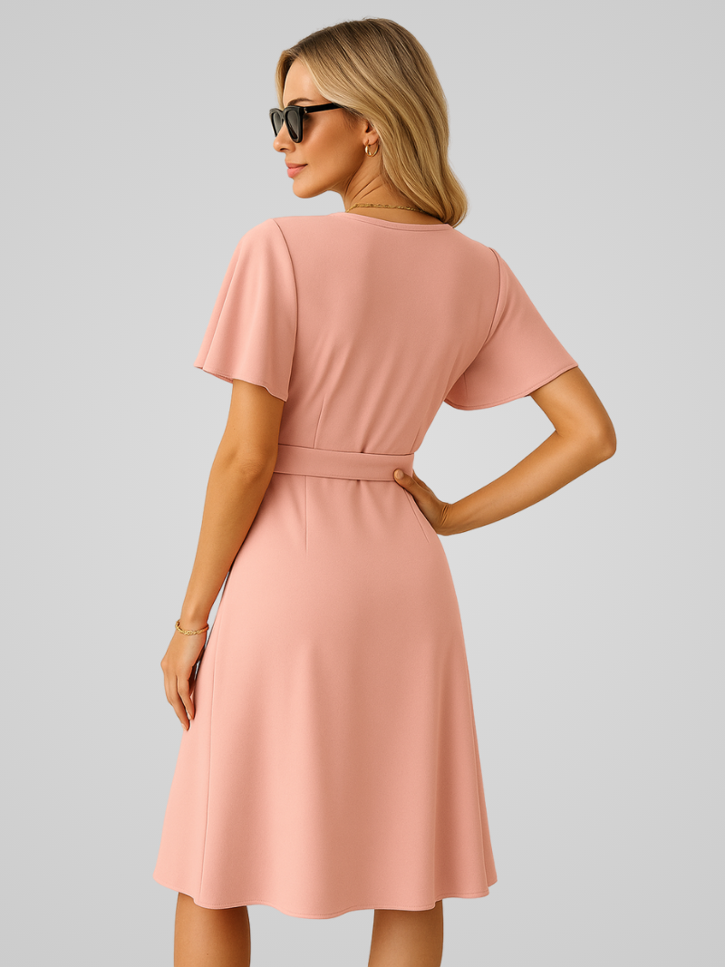 Caleirae Midi Dress | Blush Pink Wrap Dress with Tie Waist and Short Flutter Sleeves