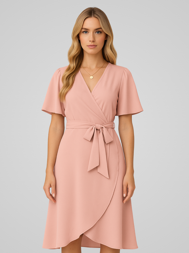 Caleirae Midi Dress | Blush Pink Wrap Dress with Tie Waist and Short Flutter Sleeves