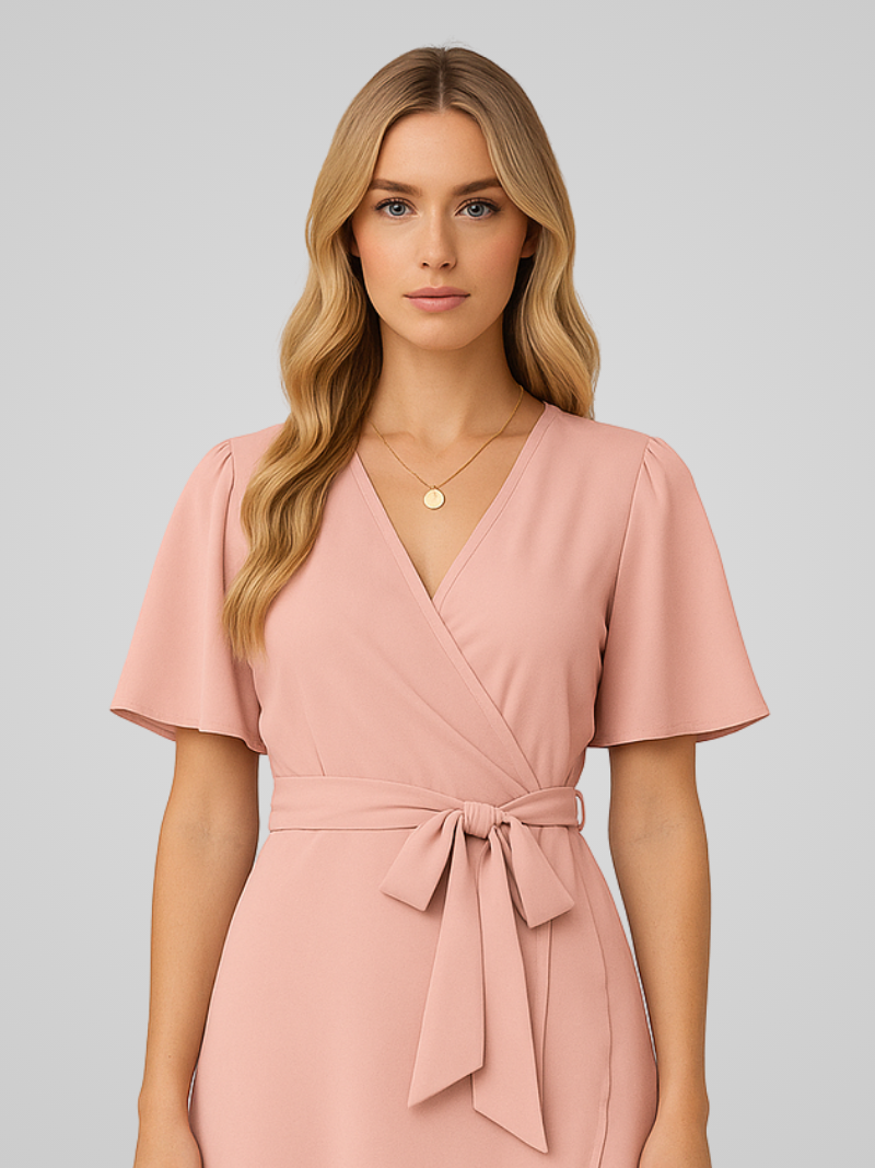 Caleirae Midi Dress | Blush Pink Wrap Dress with Tie Waist and Short Flutter Sleeves