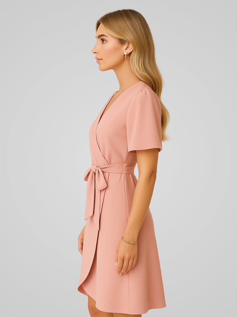 Caleirae Midi Dress | Blush Pink Wrap Dress with Tie Waist and Short Flutter Sleeves