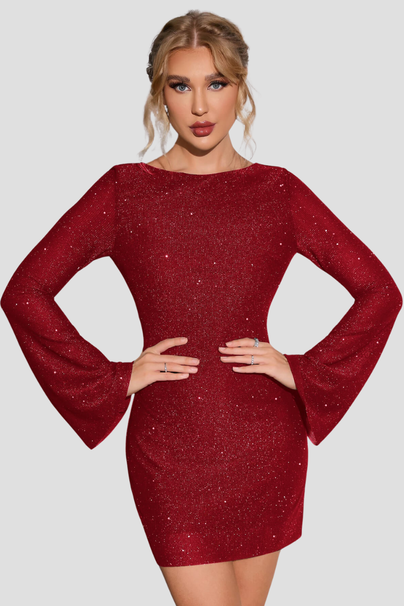Camilith Mini Dress | Glitter Bodycon Dress with Flared Long Sleeves