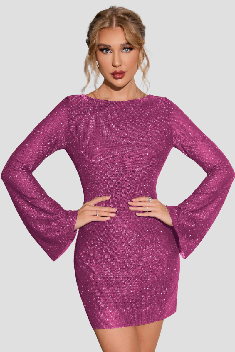 Camilith Mini Dress | Glitter Bodycon Dress with Flared Long Sleeves