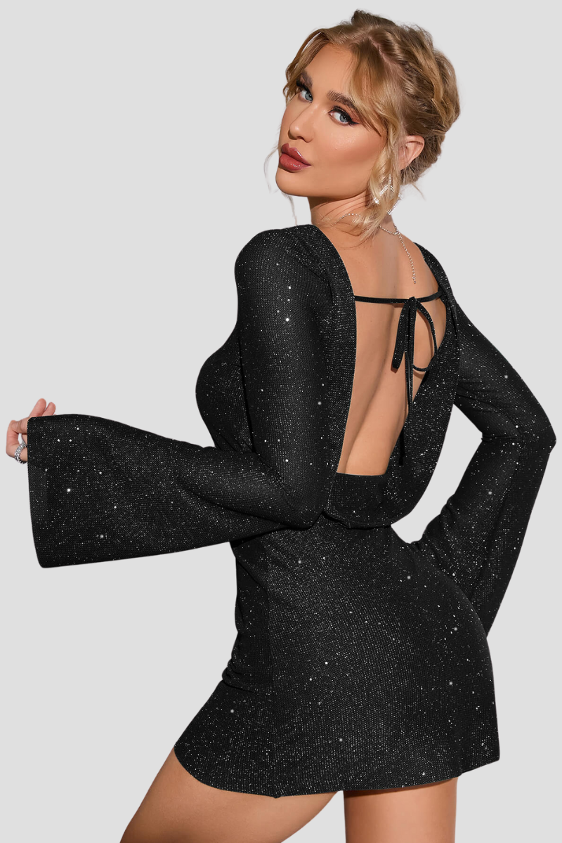 Camilith Mini Dress | Glitter Bodycon Dress with Flared Long Sleeves