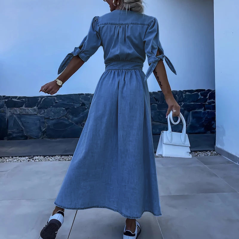 Dymella Dress | Denim Maxi Dress with Button-Down Front and Flattering Feminine Fit