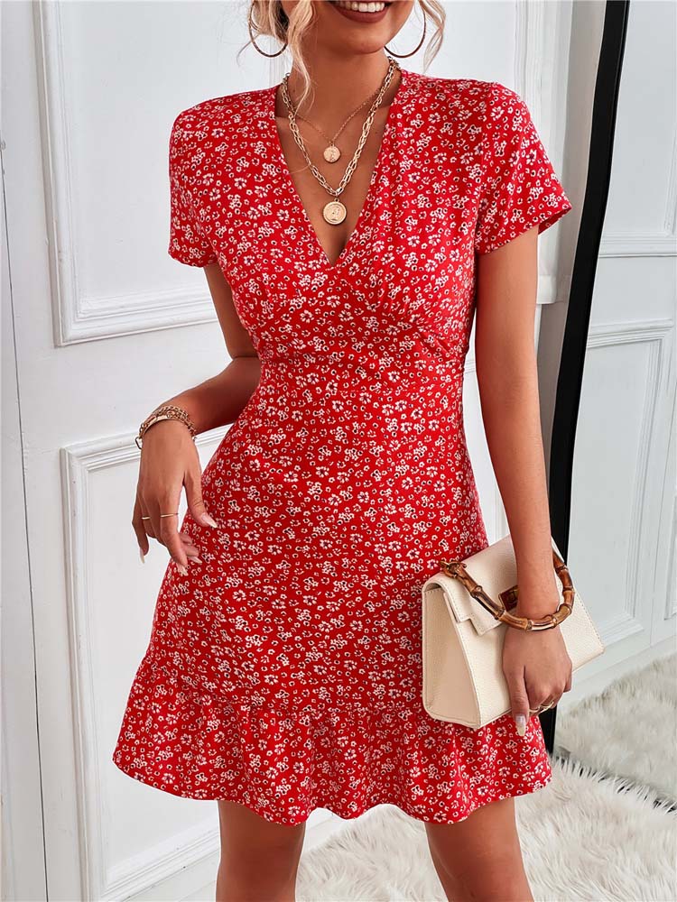 Cerinae Mini Dress | Black Floral V-Neck Short-Sleeve Summer Dress