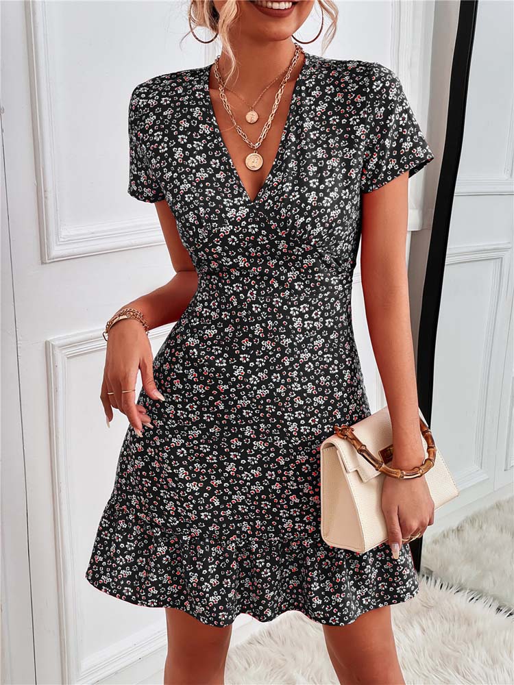 Cerinae Mini Dress | Black Floral V-Neck Short-Sleeve Summer Dress