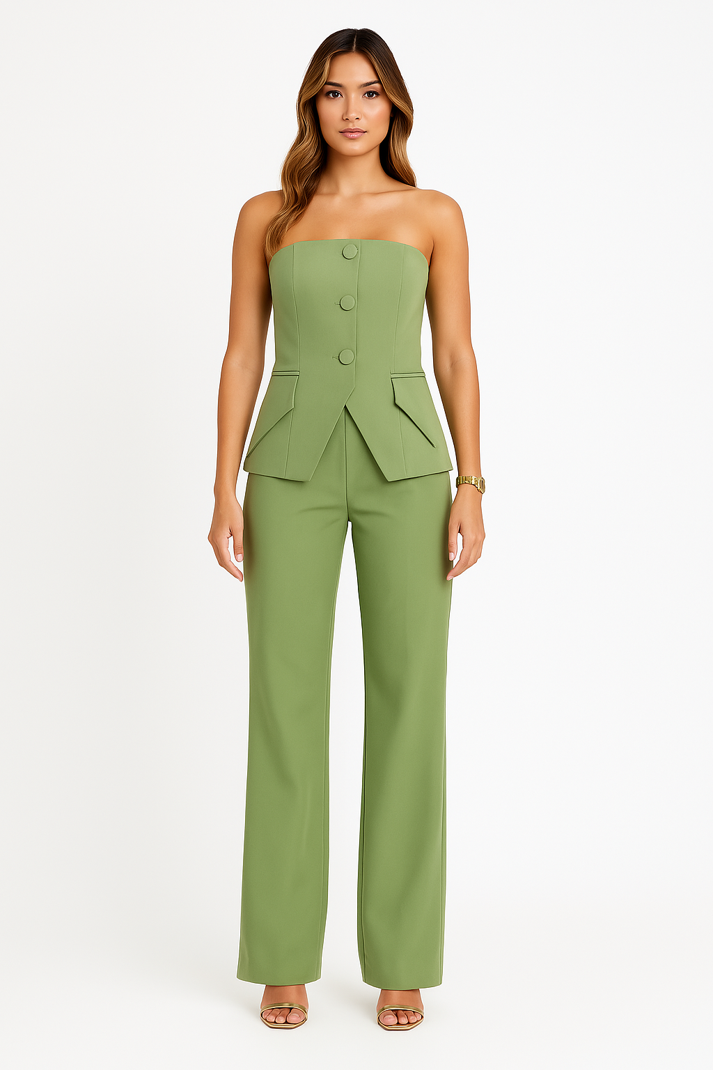 Dymaris Two-Piece Set | Strapless Tailored Top with Peplum and Matching High-Waisted Trousers