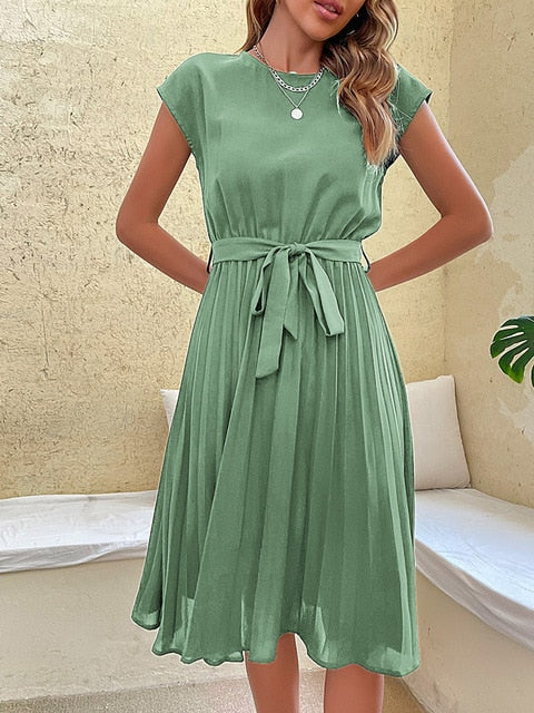 Bairiel Midi Dress | Black Pleated A-Line Dress with Waist Tie for Women