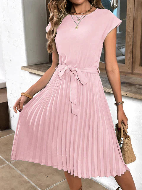 Bairiel Midi Dress | Black Pleated A-Line Dress with Waist Tie for Women