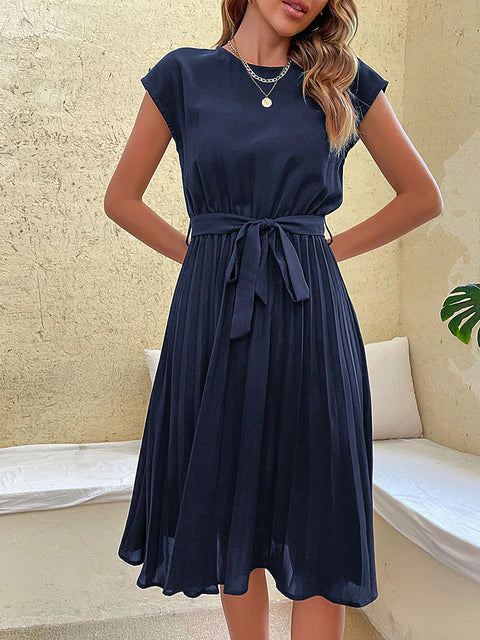 Bairiel Midi Dress | Black Pleated A-Line Dress with Waist Tie for Women