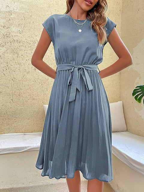Bairiel Midi Dress | Black Pleated A-Line Dress with Waist Tie for Women