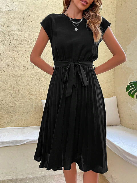 Bairiel Midi Dress | Black Pleated A-Line Dress with Waist Tie for Women