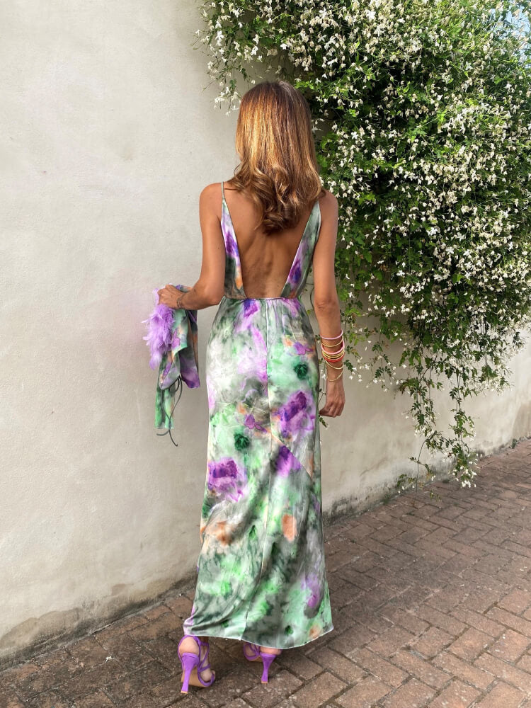Cravina Maxi Dress | Slim Strapless Floral Satin Dress with Open Back