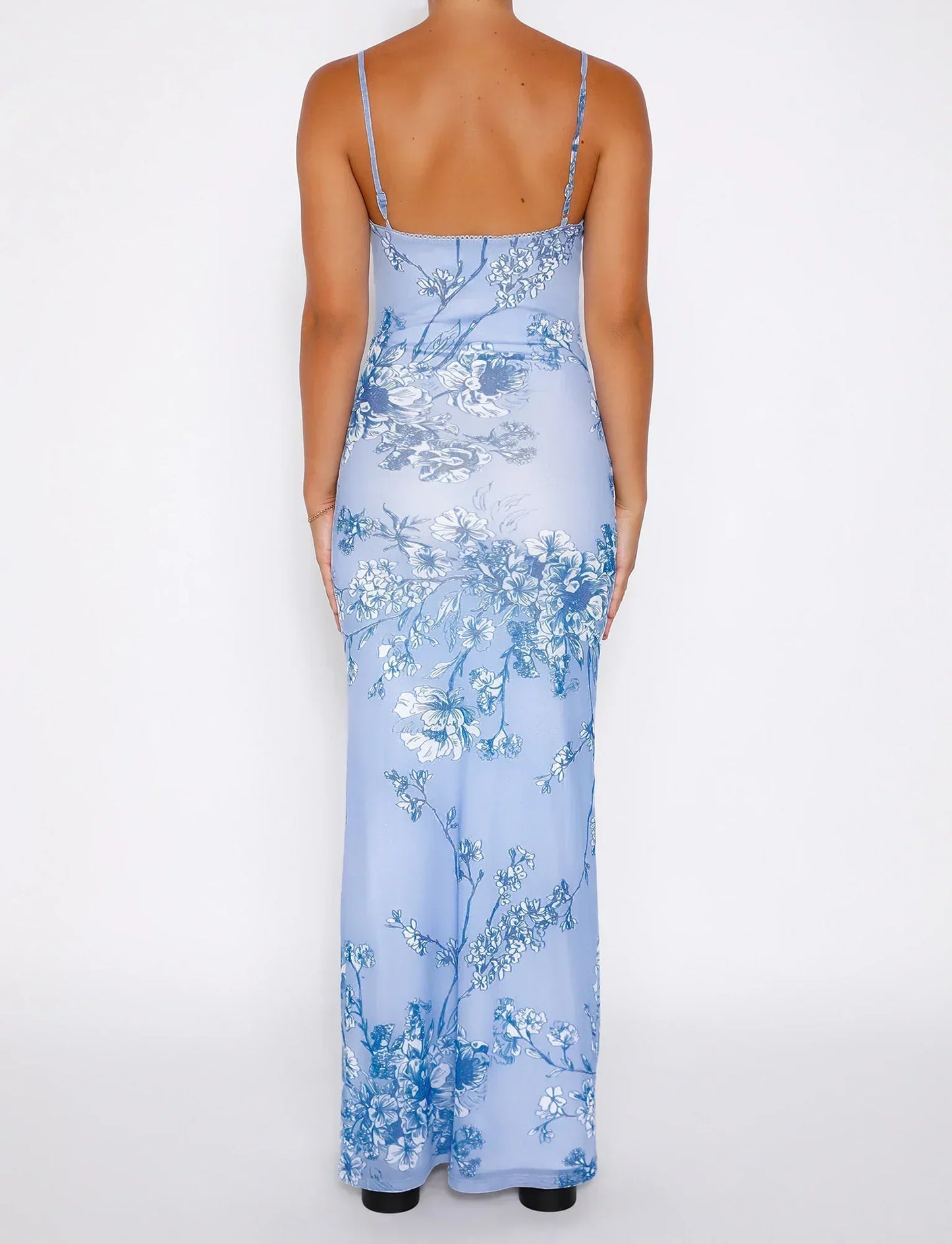 Curienna Maxi Dress | Light Blue Floral Bodycon Dress with Spaghetti Straps for Women