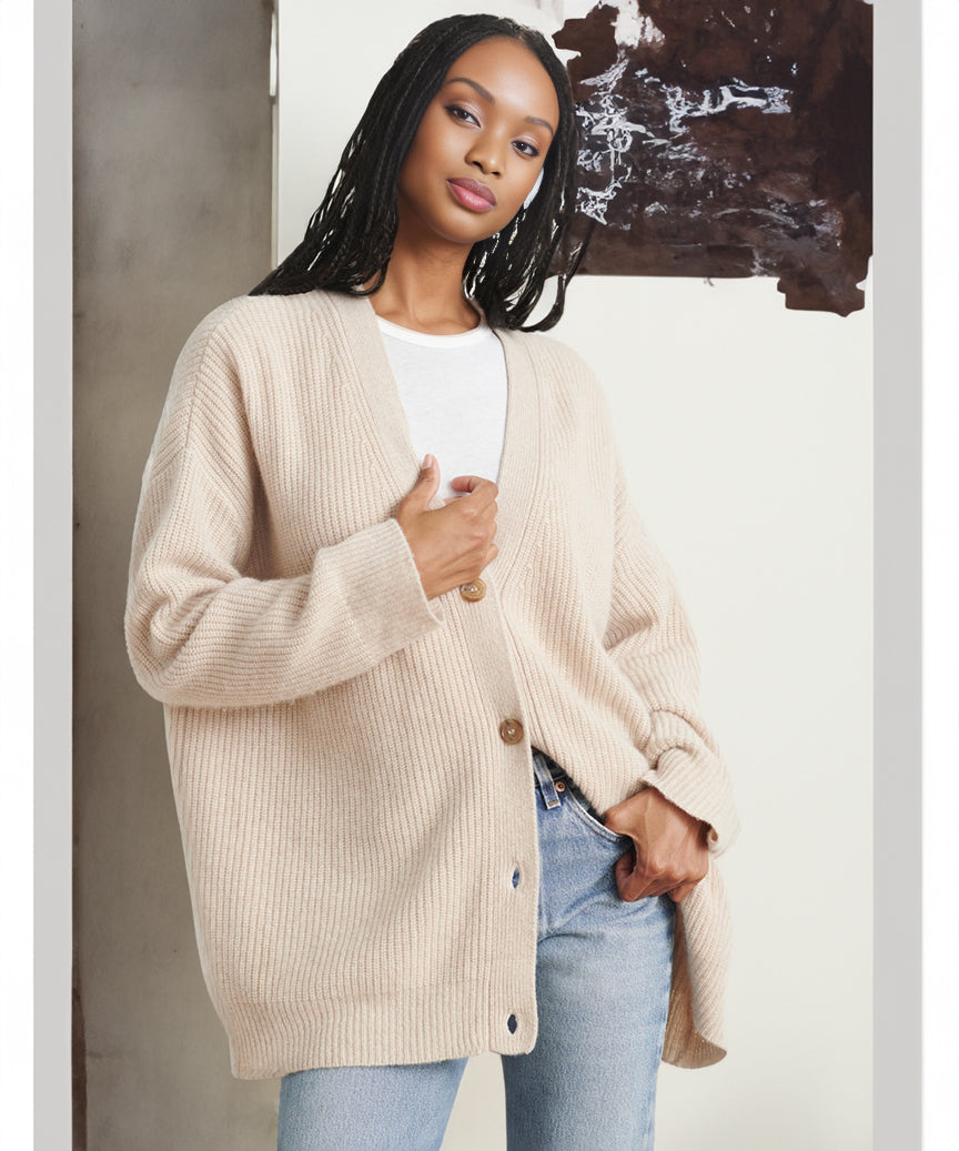 Qamaria Cardigan | Women's Autumn Oversized Button Cardigan with Ribbed Knit