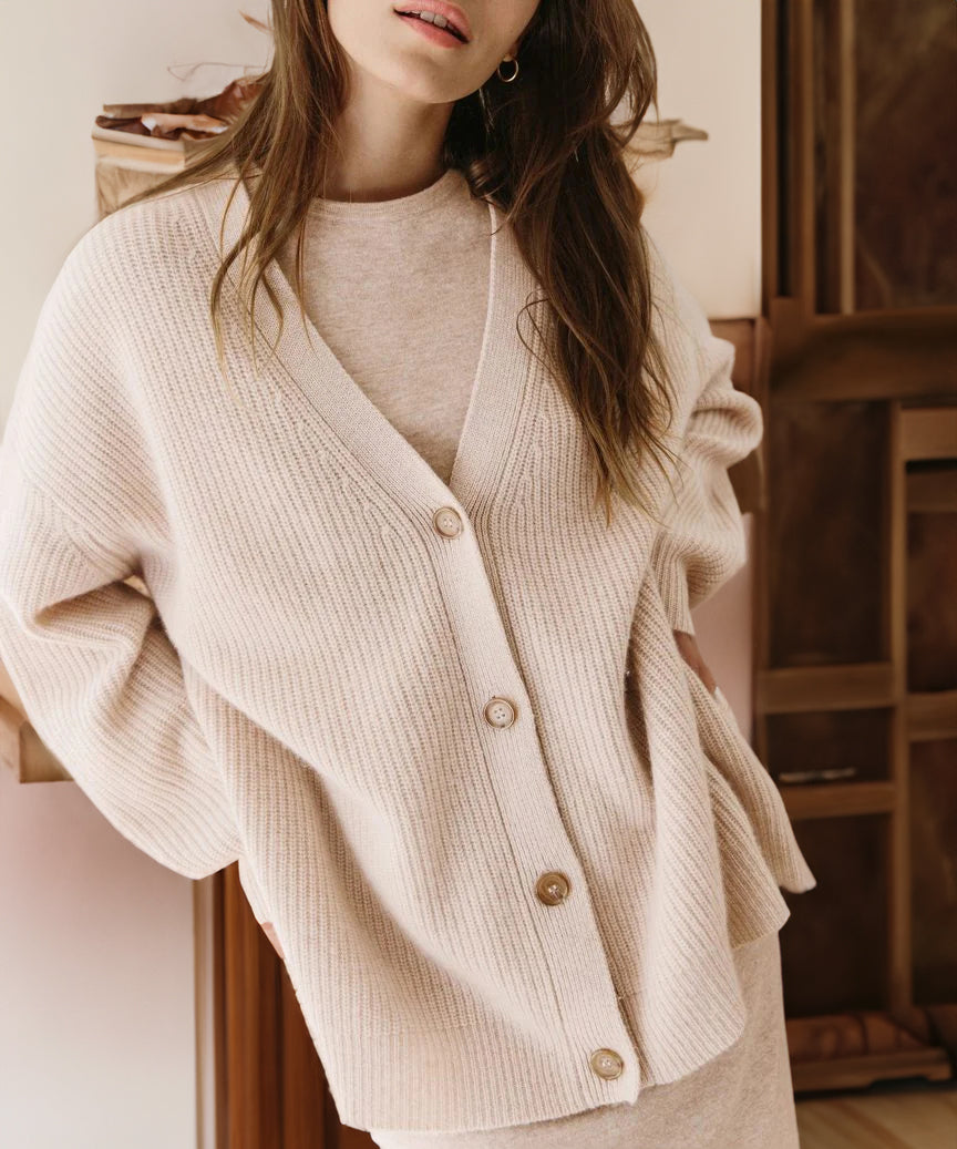 Qamaria Cardigan | Women's Autumn Oversized Button Cardigan with Ribbed Knit