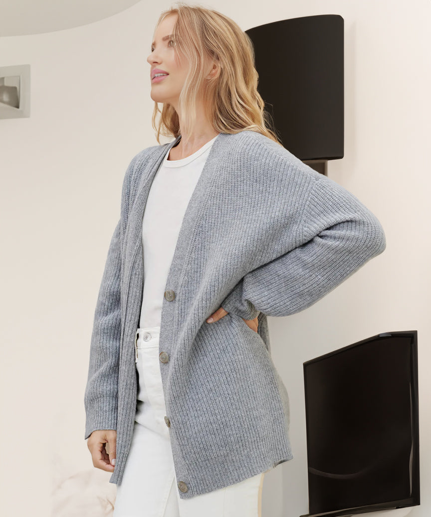Qamaria Cardigan | Women's Autumn Oversized Button Cardigan with Ribbed Knit