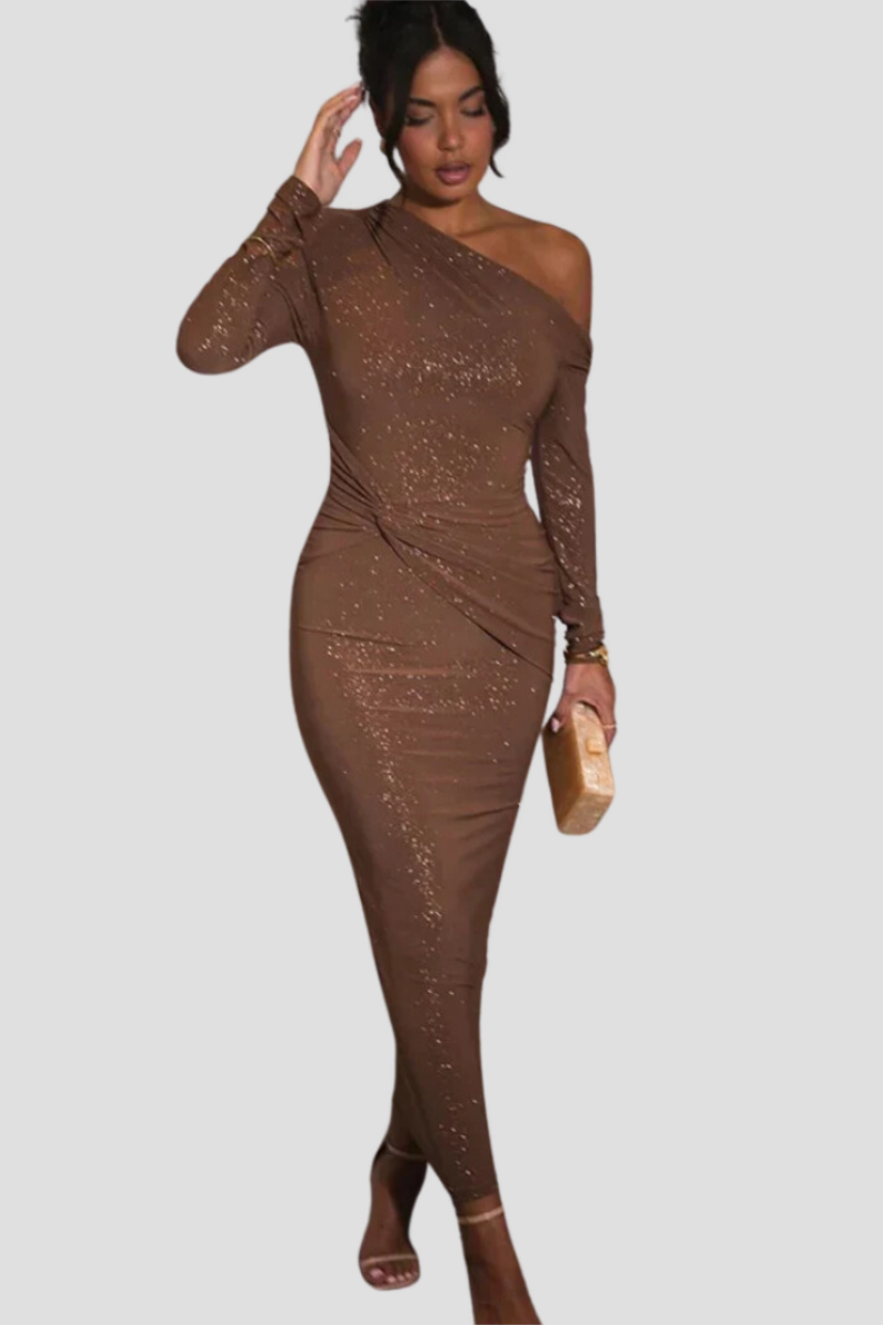 Ceyana Evening Dress | One-Shoulder Black Glitter Bodycon Dress
